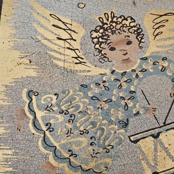 Holiday Folk Art Angel Wooden Wall Hanging 8" gold blue cherub handpainted (2) - Picture 5 of 9